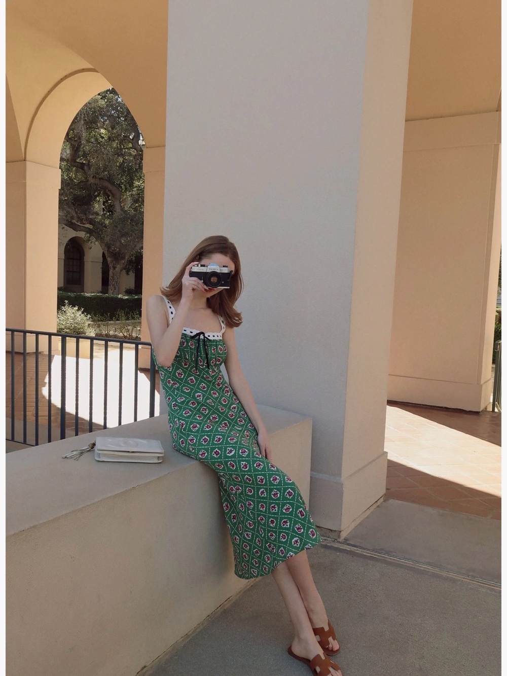WAYF. Green Patterned Midi Dress with Contrast Trim - Picture 2 of 16